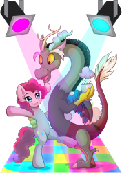 Size: 1024x1448 | Tagged: safe, artist:nana-yuka, discord, pinkie pie, draconequus, earth pony, pony, female, looking at each other, male, mare, simple background, transparent background