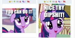 Size: 720x367 | Tagged: safe, edit, edited screencap, screencap, twilight sparkle, twilight sparkle (alicorn), alicorn, pinkie pride, princess twilight sparkle (episode), cropped, derpibooru, floppy ears, juxtaposition, meta, ouch, solo, sparkling eyes, vulgar, wingding eyes