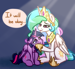 Size: 4000x3700 | Tagged: safe, artist:witchtaunter, princess celestia, twilight sparkle, twilight sparkle (alicorn), alicorn, pony, comforting, comforting twilight, crying, cute, female, momlestia, sad, sadorable, sitting, wholesome