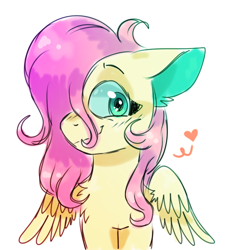 Size: 936x1017 | Tagged: safe, artist:cordearcoiris, fluttershy, pegasus, pony, chest fluff, colored ears, cute, ear fluff, female, floating heart, hair over one eye, heart, looking at you, mare, shyabetes, simple background, solo, spread wings, stray strand, white background, wings