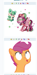 Size: 289x587 | Tagged: safe, artist:ipun, artist:phucknuckl, scootaloo, oc, oc:gadget, oc:precious metal, pegasus, pony, the last crusade, bust, derpibooru, deviantart watermark, emotes, faic, female, filly, juxtaposition, mare, meta, obtrusive watermark, portrait, reaction image, simple background, solo, transparent background, vector, watermark