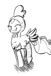 Size: 2599x3844 | Tagged: safe, artist:tkitten16, pinkie pie, earth pony, pony, animal costume, chicken pie, chicken suit, clothes, costume, eyes closed, female, inktober, inktober 2018, mare, monochrome, nightmare night costume, signature, simple background, smiling, solo, white background