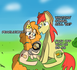 Size: 2745x2494 | Tagged: safe, alternate version, artist:artiks, applejack, bright mac, pear butter, earth pony, pony, dialogue, female, filly, filly applejack, trio, u wot m8, vulgar, younger