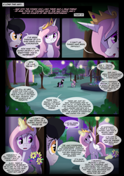 Size: 1240x1754 | Tagged: safe, artist:lunarcakez, princess celestia, oc, oc:mazzy, alicorn, earth pony, pony, comic:the origins of hollow shades, comic, flashback, flower, magic, pink-mane celestia