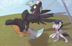 Size: 1750x1113 | Tagged: safe, artist:sb, rumble, thunderlane, pegasus, pony, adorkable, brothers, colt, cute, dork, duo, duo male, happy, hooves, male, playing, role reversal, rumblebetes, stallion, swing, thunderbetes, underhoof