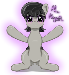 Size: 2620x2840 | Tagged: safe, artist:crimsonsky, octavia melody, earth pony, pony, /mlp/, alternate hairstyle, aura, blushing, bronybait, cute, dialogue, drawthread, female, hooves up, hug request, hugs needed, lidded eyes, looking at you, mare, open arms, shy, simple background, sitting, smiling, starry eyes, stuttering, tavibetes, text, white background, wingding eyes