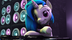 Size: 1920x1080 | Tagged: safe, artist:dragonsfrunki, dj pon-3, vinyl scratch, pony, unicorn, 3d, crossed arms, poster, smiling, solo, source filmmaker, speakers, turntable