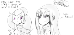 Size: 1393x670 | Tagged: safe, artist:mildockart, sugarcoat, equestria girls, friendship games, anime, crossover, dialogue, duo, homura akemi, lidded eyes, monochrome, simple background, sketch, thought bubble, white background