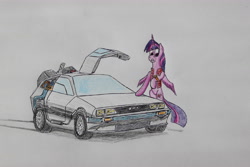 Size: 5184x3456 | Tagged: safe, artist:bumskuchen, derpibooru import, twilight sparkle, twilight sparkle (alicorn), alicorn, pony, back to the future, bttf, delorean, dmc delorean, solo, traditional art