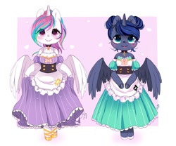 Size: 800x664 | Tagged: safe, artist:ipun, princess celestia, princess luna, alicorn, anthro, semi-anthro, alternate hairstyle, barmaid, blushing, choker, clothes, colored hooves, cute, detached sleeves, dress, duo, female, friendship cafe, hair bun, heart, hoof hold, maid, open mouth, ponytail, royal sisters, siblings, sisters, smiling