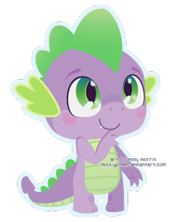 Size: 306x382 | Tagged: safe, artist:miss-glitter, spike, dragon, baby, baby dragon, blushing, chibi, cute, eyebrows, fangs, green eyes, looking up, male, obtrusive watermark, outline, signature, simple background, smiling, solo, spikabetes, transparent background