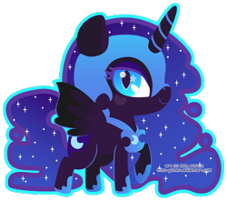 Size: 471x416 | Tagged: safe, artist:miss-glitter, nightmare moon, alicorn, pony, bedroom eyes, chibi, cute, female, heart, looking at you, mare, outline, raised hoof, simple background, smiling, solo, spread wings, starry eyes, transparent background, wingding eyes