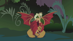 Size: 1280x720 | Tagged: safe, screencap, applejack, manny roar, earth pony, manticore, pony, friendship is magic, duo, female, mare, ponies riding cats, riding, spread wings, wings