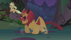 Size: 1280x720 | Tagged: safe, screencap, applejack, manny roar, earth pony, manticore, pony, friendship is magic, duo, eyes closed, female, male, mare, open mouth, roar