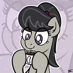 Size: 999x997 | Tagged: safe, artist:ashtoneer, octavia melody, earth pony, pony, alternate hairstyle, cup, drink, female, hair tie, hoof hold, mare, mug, ponytail, solo, zoom layer