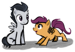 Size: 563x392 | Tagged: safe, artist:angeban, rumble, scootaloo, pegasus, pony, colt, female, filly, looking at each other, male, rumbloo, shipping, sitting, smiling, straight