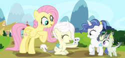 Size: 6128x2880 | Tagged: safe, artist:velveagicsentryyt, fluttershy, oc, oc:burnity, oc:destiny, oc:sky city, dracony, hybrid, pegasus, pony, rabbit, unicorn, female, filly, half-siblings, interspecies offspring, male, offspring, parent:discord, parent:fancypants, parent:fluttershy, parent:rarity, parent:spike, parents:discoshy, parents:raripants, parents:sparity