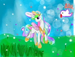 Size: 1080x810 | Tagged: safe, artist:bellas.den, princess celestia, alicorn, bird, pony, female, glowing horn, grass, hoof shoes, horn, looking back, mare, outdoors, peytral, signature