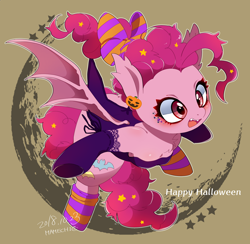 Size: 1500x1464 | Tagged: safe, artist:potetecyu_to, pinkie pie, bat pony, pony, bat ponified, bat wings, bow, clothes, fangs, female, hair bow, hair ribbon, halloween, holiday, hooves, jack-o-lantern, mare, open mouth, pinkiebat, pumpkin, race swap, socks, solo, striped socks, wings