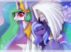 Size: 1500x1100 | Tagged: safe, artist:hosikawa, princess celestia, princess luna, alicorn, pony, cloud, colored pupils, crown, cute, duo, eyes closed, female, jewelry, mare, regalia, royal sisters, s1 luna, siblings, sisters, sky, smiling, spread wings, wing shelter, wings