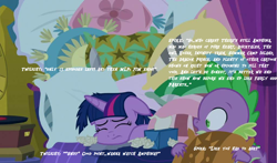 Size: 1794x1058 | Tagged: safe, edit, edited screencap, screencap, spike, twilight sparkle, twilight sparkle (alicorn), alicorn, dragon, school raze, bed, end of ponies, farewell, gramophone, meta, pillow, the end is neigh