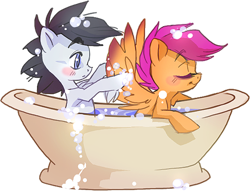 Size: 500x381 | Tagged: safe, artist:thegamercolt, scootaloo, oc, pegasus, pony, bath, bathtub, blushing, canon x oc, colt, female, filly, male, shipping, simple background, straight, transparent background