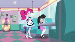 Size: 1920x1080 | Tagged: safe, screencap, octavia melody, pinkie pie, better together, equestria girls, five stars, background human, cellphone, female, food, phone, pie, ponytail, server pinkie pie