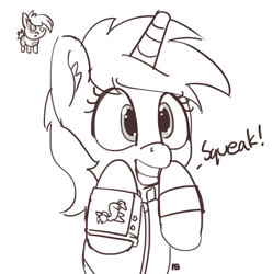 Size: 1280x1286 | Tagged: safe, artist:pabbley, pipsqueak, oc, oc:littlepip, pony, unicorn, fallout equestria, black and white, clothes, colt, dialogue, fanfic, fanfic art, female, foal, grayscale, grin, horn, male, mare, monochrome, pipbuck, pun, simple background, smiling, vault suit, white background