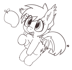 Size: 1280x1228 | Tagged: safe, artist:pabbley, oc, oc only, oc:midnight blossom, bat pony, pony, drool, food, mango, monochrome, open mouth, simple background, sitting, solo, white background