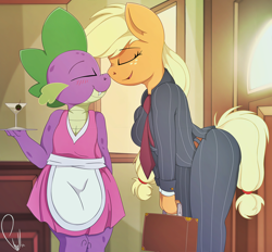 Size: 4352x4040 | Tagged: source needed, safe, artist:phyll, applejack, spike, anthro, dragon, earth pony, absurd resolution, alcohol, applespike, apron, bent over, blushing, boop, clothes, crossdressing, digital art, door, dress, eyes closed, female, freckles, happy, housewife, male, mare, martini, necktie, nose wrinkle, noseboop, reversed gender roles equestria, shipping, signature, smiling, spots, straight, suit, suitcase, tray