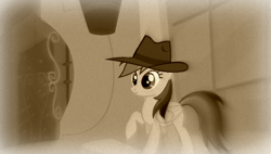 Size: 638x362 | Tagged: safe, daring do, pegasus, pony, daring do and the trials of zenith, fedora, female, hat, mare, raised hoof, sepia, solo