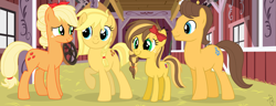 Size: 2300x884 | Tagged: safe, artist:ilaria122, applejack, caramel, oc, oc:apple jam, oc:applemel, earth pony, pony, applejack's hat, bandana, bow, braid, couple, cowboy hat, hat, next generation, offspring, parent:applejack, parent:caramel, parents:carajack, simple background, smiling