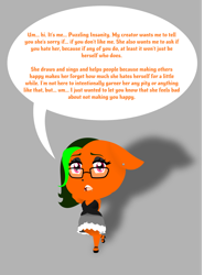 Size: 786x1060 | Tagged: safe, artist:madamesaccharine, oc, oc:puzzling insanity, anthro, apology, arm behind head, breaking the fourth wall, chibi, clothes, depression, dress, ear down, eyeshadow, fangs, glasses, hand behind back, high heels, industrial piercing, lip piercing, lip ring, makeup, meta, nose piercing, piercing, sad, shadow, shoes, simple background, solo, speech, speech bubble