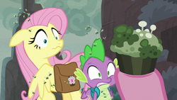 Size: 1280x720 | Tagged: safe, screencap, fluttershy, pinkie pie, spike, dragon, earth pony, fly-der, pegasus, pony, school raze, backpack, baked bads, cupcake, duo focus, female, food, hooves, male, mare, mold, mushroom, rotten, saddle bag, surprised, teeth, winged spike, wings