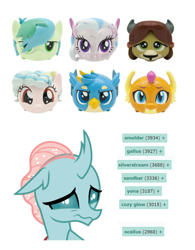 Size: 800x1024 | Tagged: safe, cozy glow, gallus, ocellus, sandbar, silverstream, smolder, yona, pegasus, pony, cozybetes, cute, derpibooru, diaocelles, diastreamies, gallabetes, meta, ocellabuse, sad, sandabetes, smolderbetes, stack'ems, tags, toy, yonadorable