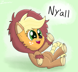 Size: 1944x1782 | Tagged: safe, artist:zaponator, applejack, earth pony, pony, animal costume, applelion, braided tail, clothes, costume, cute, fake ears, female, freckles, gradient background, green background, jackabetes, legs in air, nya, on back, open mouth, pun, simple background, smiling, solo, y'all