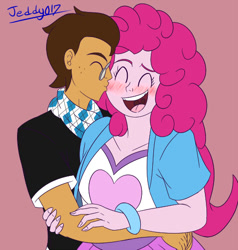 Size: 475x500 | Tagged: safe, artist:jeddy017-vz, pinkie pie, oc, oc:copper plume, equestria girls, blushing, canon x oc, clothes, commissioner:imperfectxiii, copperpie, eyes closed, freckles, glasses, hug, kiss on the cheek, kissing, neckerchief, shipping, shirt, smiling, wristband