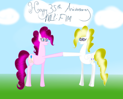 Size: 1500x1200 | Tagged: safe, artist:wonderschwifty, pinkie pie, surprise, earth pony, pony, 35th anniversary, hoofbump