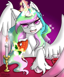 Size: 750x900 | Tagged: safe, artist:mikomiichu, princess celestia, alicorn, pony, candle, female, food, glowing horn, hoof fluff, horn, magic, mare, solo, strawberry, telekinesis