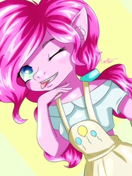 Size: 1280x1714 | Tagged: safe, artist:lucaaegus, pinkie pie, anthro, cute, one eye closed, overalls, pink, pinkie winkie, selfie, wink