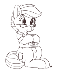 Size: 1280x1609 | Tagged: safe, artist:pabbley, quibble pants, pony, belly button, book, bottomless, clothes, glasses, monochrome, partial nudity, rule 63, simple background, sitting, solo, squabble skirt, white background