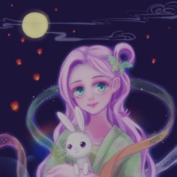 Size: 512x512 | Tagged: safe, artist:vivid_unicorn, angel bunny, fluttershy, human, female, humanized, moon