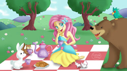 Size: 1280x720 | Tagged: safe, artist:cutydina, angel bunny, fluttershy, harry, bear, mouse, parrot, rabbit, squirrel, equestria girls, bare shoulders, barefoot, breasts, cleavage, cookie, fall formal outfits, feet, flower, food, picnic blanket, scenery, sleeveless, strapless, tree