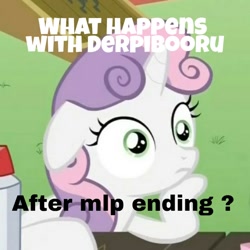 Size: 720x720 | Tagged: safe, edit, edited screencap, screencap, sweetie belle, pony, unicorn, derpibooru, exploitable meme, female, filly, horn, image macro, meme, meta, obligatory pony, solo, sudden clarity sweetie belle, text, two toned mane, white coat, wide eyes