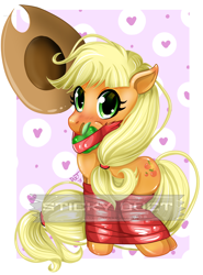 Size: 2300x3100 | Tagged: safe, artist:stickyduct, applejack, earth pony, pony, apple, apple gag, applejack's hat, bondage, cowboy hat, duct tape, eye reflection, food, gag, hat, heart, heart background, hogtied, looking at you, reflection, solo, tape bondage, tied up, watermark