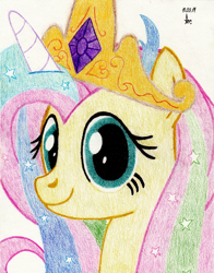 Size: 2460x3136 | Tagged: safe, artist:aracage, fluttershy, princess celestia, alicorn, pegasus, pony, horse play, testing testing 1-2-3, bust, cosplay, costume, crown, fake horn, jewelry, portrait, regalia, shylestia, solo, traditional art