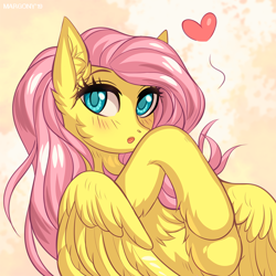 Size: 900x900 | Tagged: safe, artist:margony, fluttershy, pegasus, pony, blushing, chest fluff, cute, female, heart, looking at you, mare, open mouth, shyabetes, solo