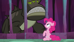 Size: 1280x720 | Tagged: safe, screencap, pinkie pie, earth pony, pony, school raze, background monster, cage, creature, duo, female, mare, sad, tartarus