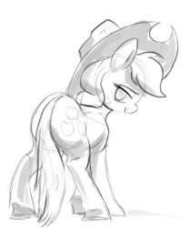 Size: 397x474 | Tagged: safe, artist:gsphere, applejack, earth pony, pony, female, grayscale, looking at you, looking back, looking back at you, mare, monochrome, plot, simple background, sketch, smiling, solo, white background