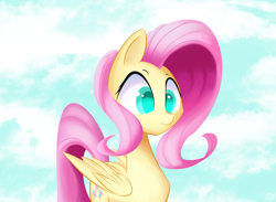 Size: 2935x2143 | Tagged: safe, artist:creepypastapon3, fluttershy, pegasus, pony, :i, cloud, colored pupils, sky, solo